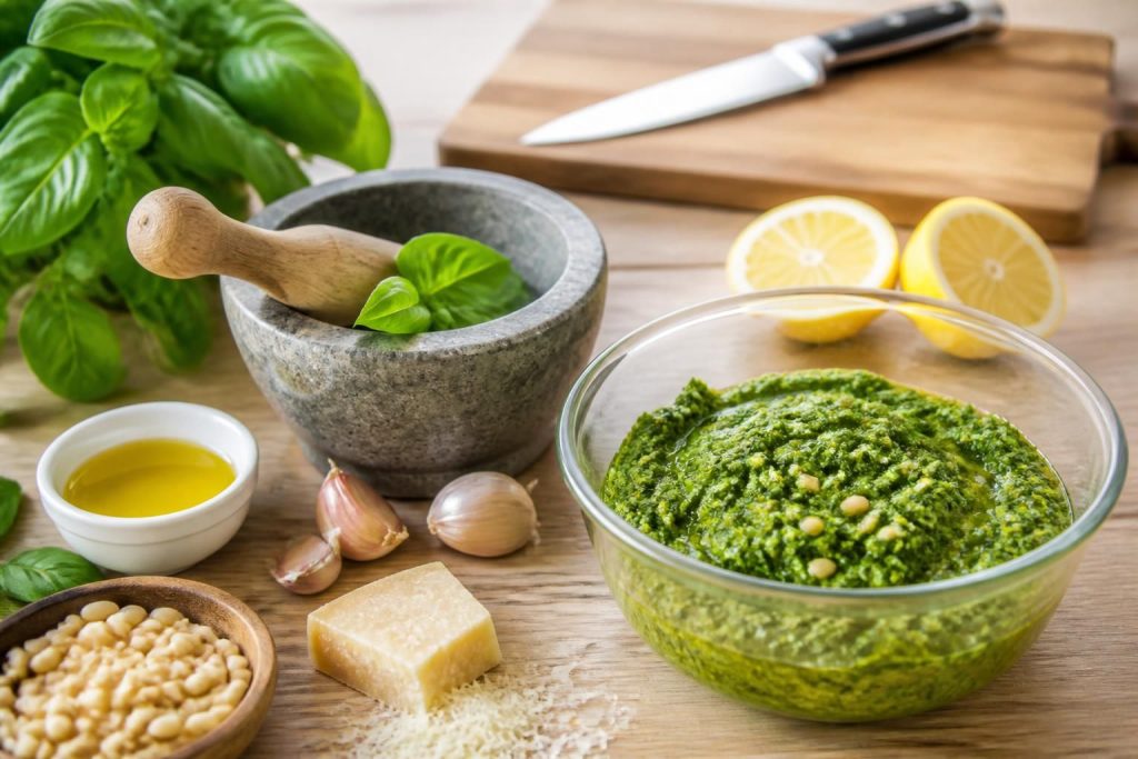 découvrez une recette facile et rapide pour préparer un pesto maison au basilic, parfait pour accompagner vos pâtes et plats préférés.