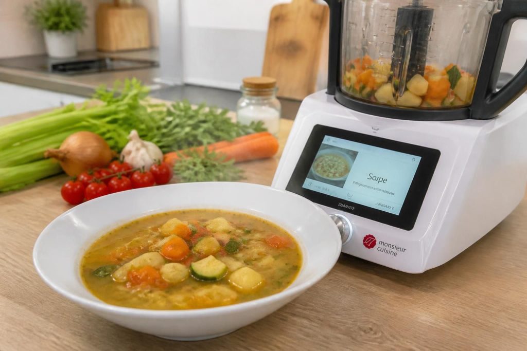 découvrez une recette simple et rapide de soupe de légumes réalisée avec votre monsieur cuisine pour un repas sain et savoureux en un rien de temps.