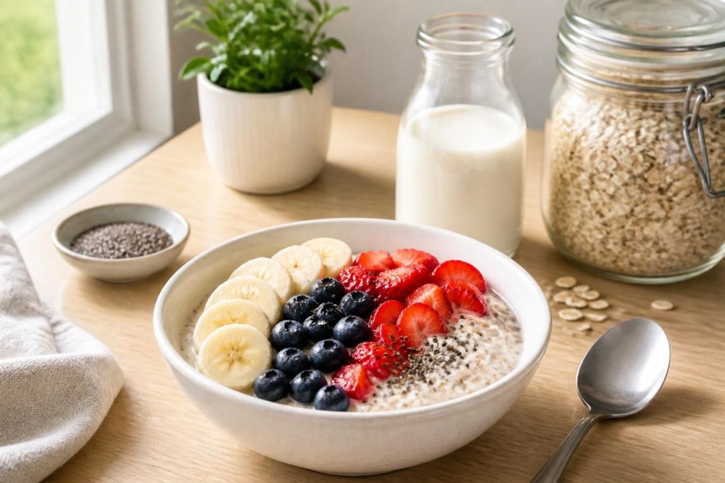découvrez notre recette facile et rapide d'overnight porridge, un petit déjeuner sain et délicieux à préparer la veille pour bien commencer votre journée.