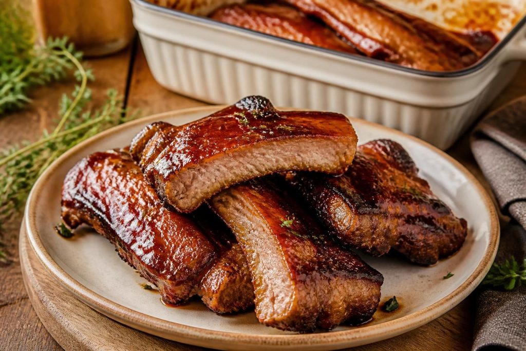 découvrez la recette savoureuse des travers de porc fondants au four, marinés au miel et à la sauce soja pour une explosion de saveurs sucrées-salées.