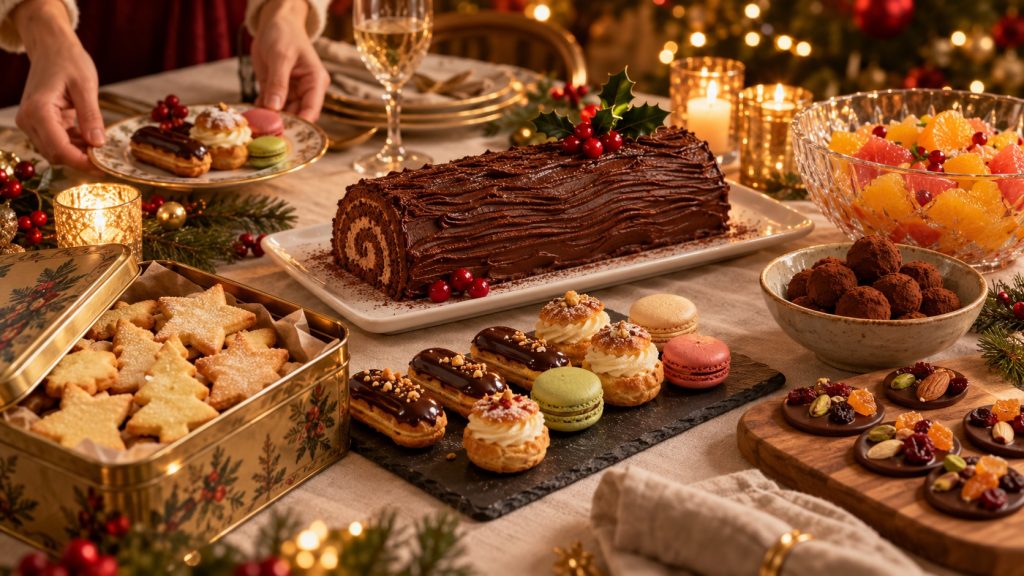 Table de Noël garnie de desserts de fêtes : bûche au chocolat, mignardises, sablés, truffes et salade d’agrumes
